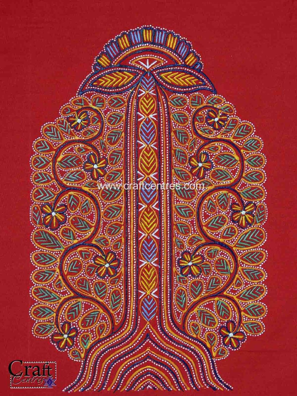 Large figurative Rogan painting (Tree of Life) showing detailed freehand portrait work.