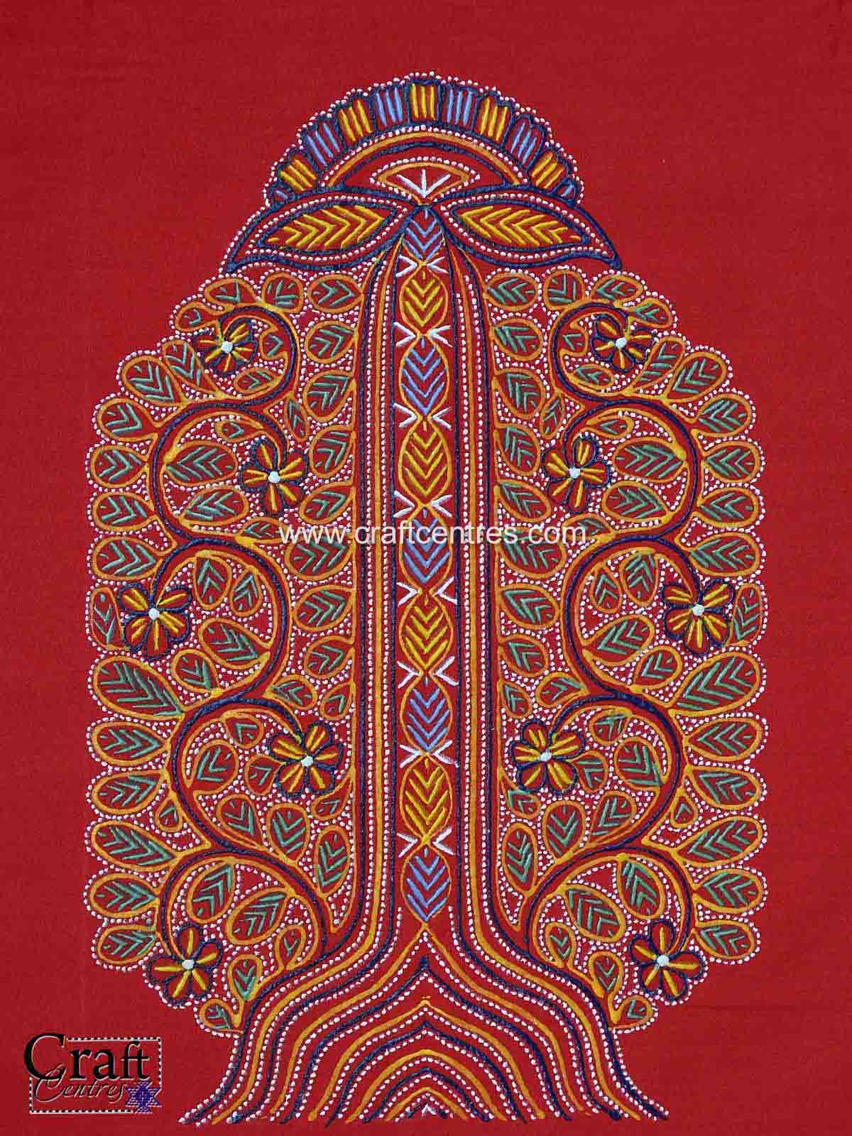 Large figurative Rogan painting (Tree of Life) showing detailed freehand portrait work.